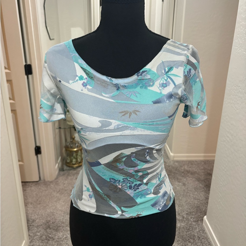 Vintage 90s / Y2K Via Vai blue mesh top with design. Size S